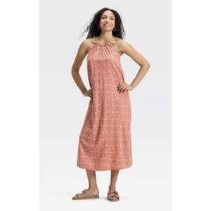 Universal Thread Floral Halter Maxi Dress XL Orange Pink Lined‎ Pockets
